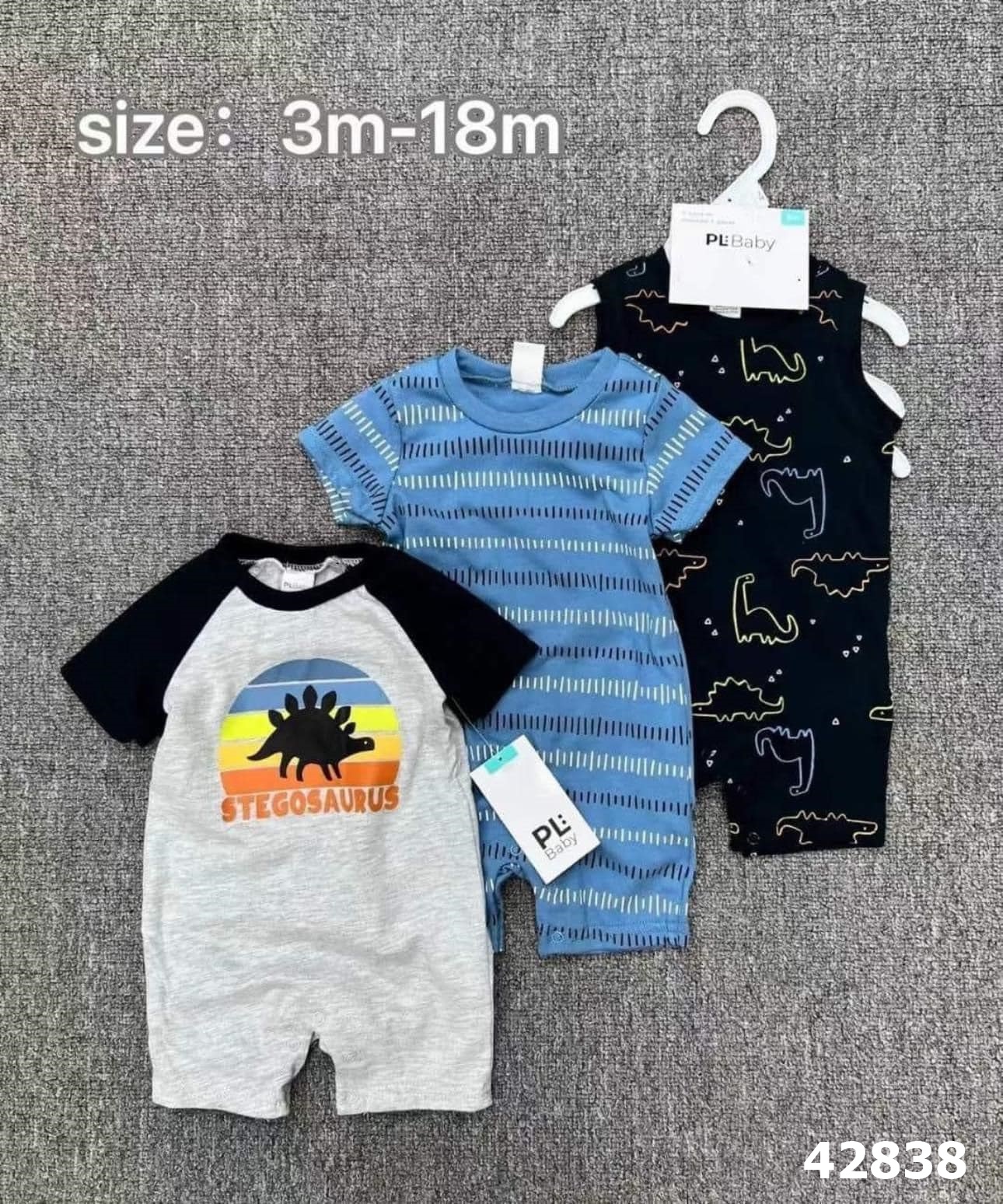 Set 3 body PL Baby xám đen khủng long - size 6m
