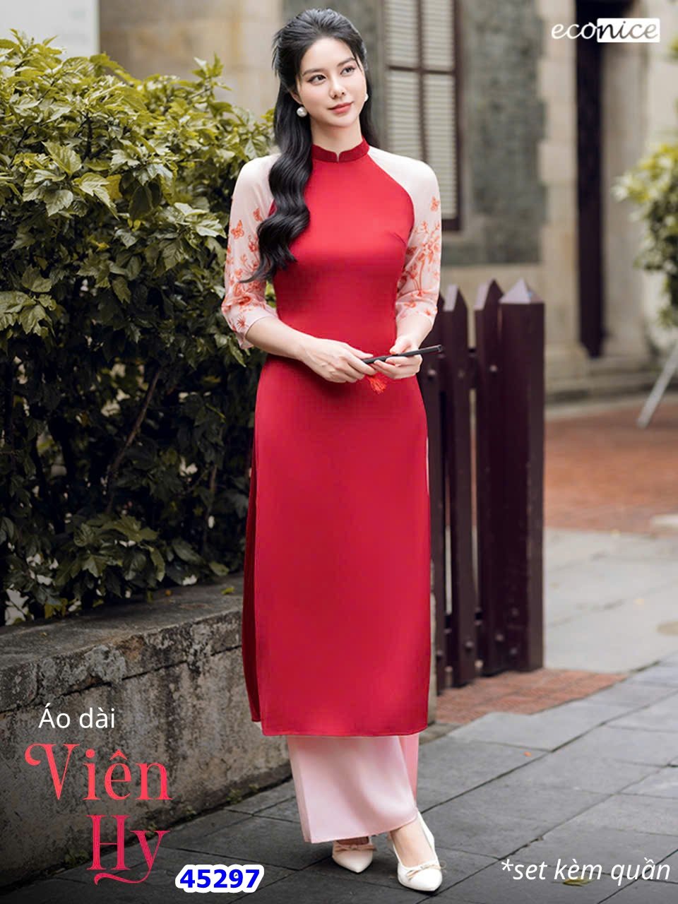 Áo dài Econice đỏ tay hoa