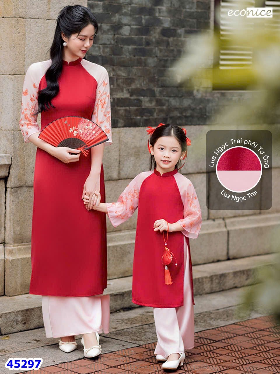 Áo dài Econice đỏ tay hoa