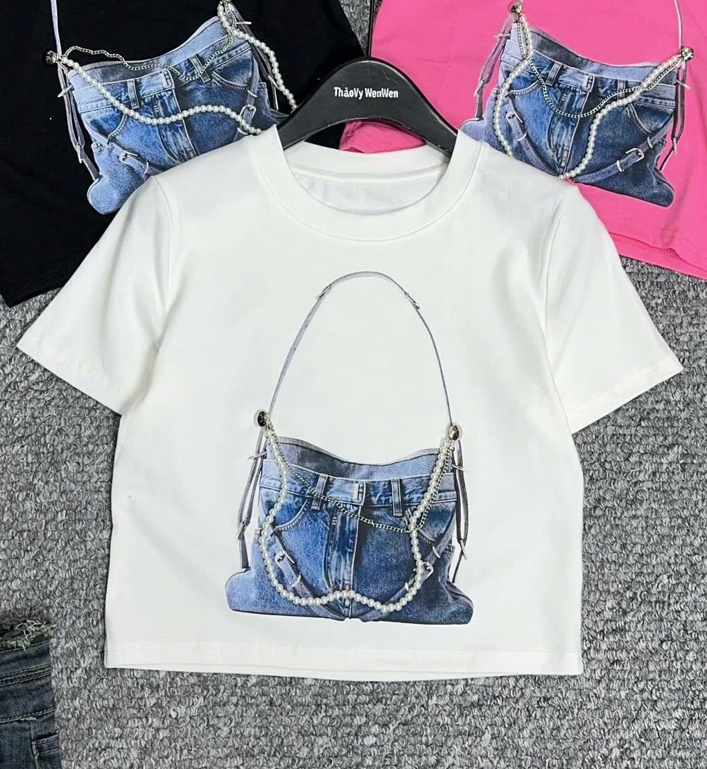 Áo Croptop trắng in túi