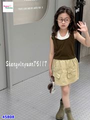 Set áo thun nâu, chân váy túi hộp be