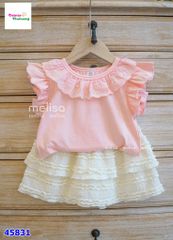 Set Melisa áo hồng cổ ren, chân váy tầng trắng