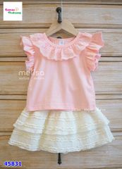 Set Melisa áo hồng cổ ren, chân váy tầng trắng