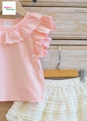 Set Melisa áo hồng cổ ren, chân váy tầng trắng
