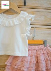 Set Melisa áo trắng cổ ren, chân váy tầng hồng