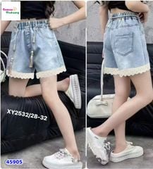 Quần short jean xanh viền ren