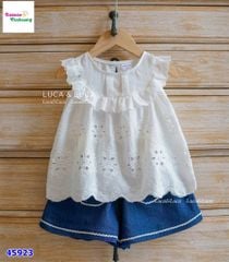 Set Luca trắng ren, quần short jean
