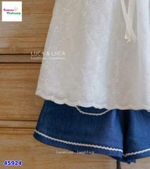 Set Luca trắng đính nơ, quần short jean