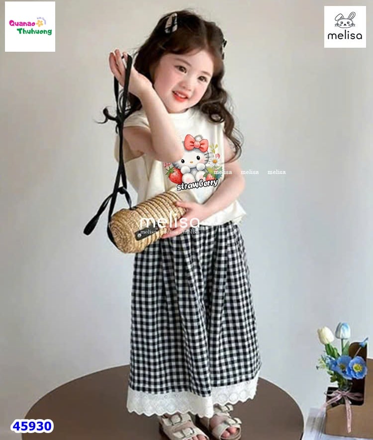 Set Melisa trắng HelloKitty, quần caro đen
