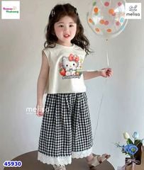 Set Melisa trắng HelloKitty, quần caro đen