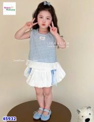 Set Luca caro xanh, chân váy trắng nơ