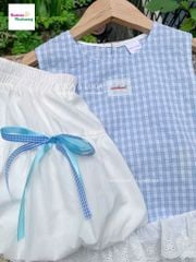 Set Luca caro xanh, chân váy trắng nơ