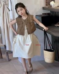 Set đầm kem sát nách + gile nâu