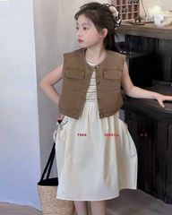 Set đầm kem sát nách + gile nâu