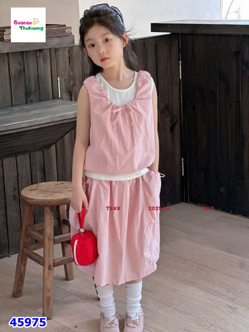 Set váy 3 món hồng đính nơ