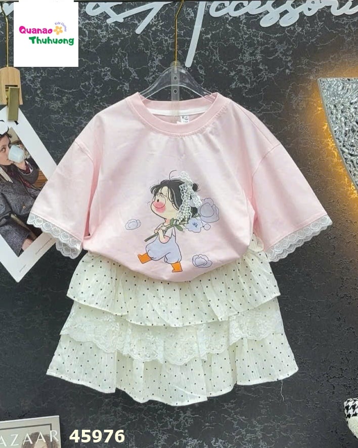 Set áo hồng cô bé, chân váy tầng chấm bi