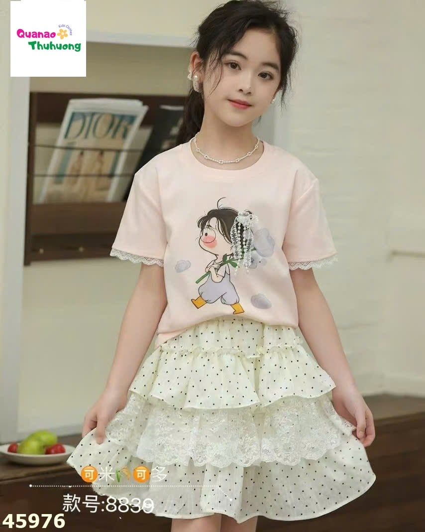 Set áo hồng cô bé, chân váy tầng chấm bi