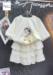 Set áo kem cô bé, chân váy tầng chấm bi