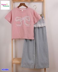 Set áo hồng nơ, quần jean phối ren