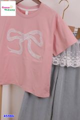 Set áo hồng nơ, quần jean phối ren