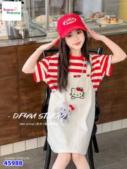 Set đầm yếm trắng, áo sọc đỏ Kitty