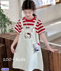 Set đầm yếm trắng, áo sọc đỏ Kitty