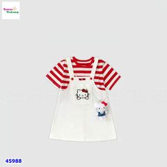 Set đầm yếm trắng, áo sọc đỏ Kitty