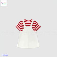 Set đầm yếm trắng, áo sọc đỏ Kitty