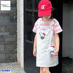 Set đầm yếm trắng, áo sọc hồng Kitty