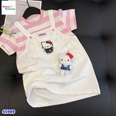 Set đầm yếm trắng, áo sọc hồng Kitty