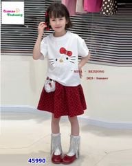 Set áo trắng Kitty, chân váy chấm bi (tặng túi đeo)