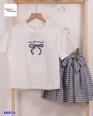 Set áo trắng nơ, chân váy caro xanh (tặng cột tóc)