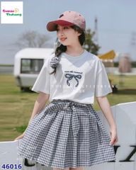 Set áo trắng nơ, chân váy caro xanh (tặng cột tóc)
