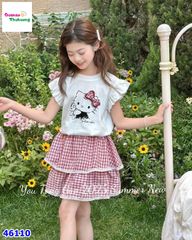 Set áo trắng Kitty, chân váy caro đỏ
