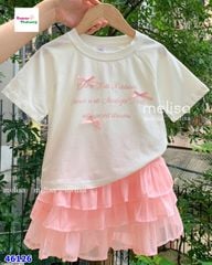 Set Melisa áo đính nơ, chân váy hồng