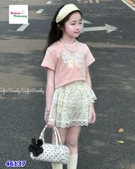 Set MiaKid hồng nơ, chân váy chấm bi