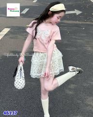 Set MiaKid hồng nơ, chân váy chấm bi