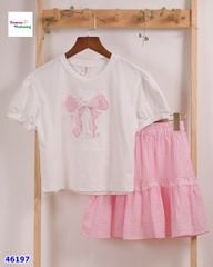 Set áo hồng nơ, chân váy tầng (tặng cột tóc)