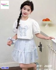 Set áo xanh nơ, chân váy tầng (tặng cột tóc)