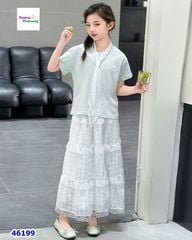 Set áo xanh lá, chân váy trắng dài