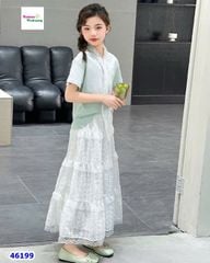 Set áo xanh lá, chân váy trắng dài