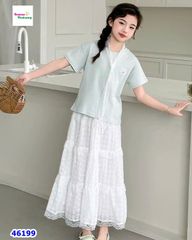 Set áo xanh lá, chân váy trắng dài