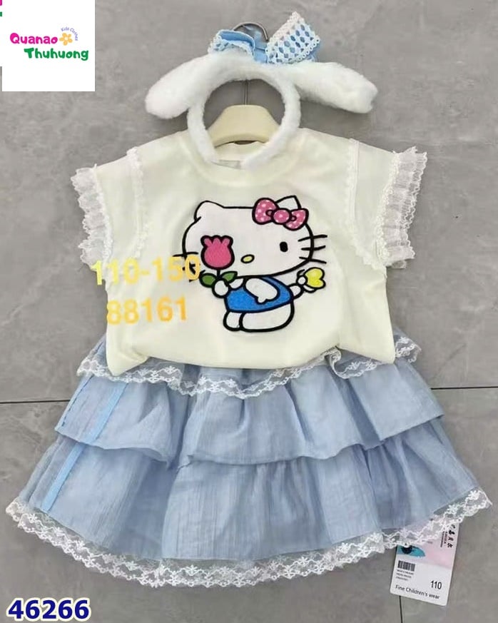 Set áo trắng Kitty, chân váy xanh (Tặng cài tóc)