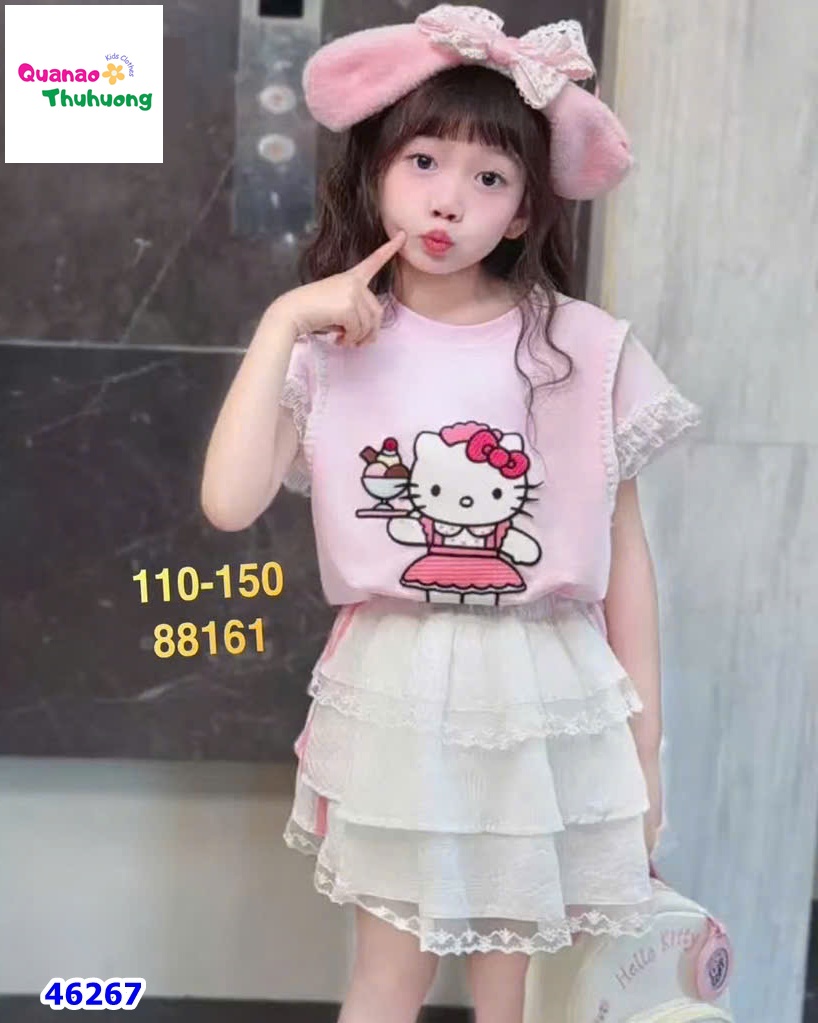 Set áo hồng Kitty, chân váy trắng (Tặng cài tóc)