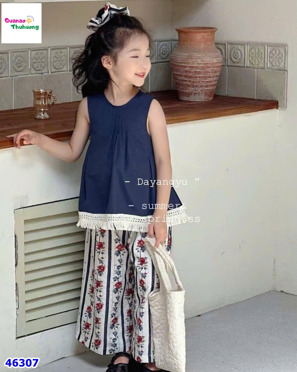 Set bộ xanh, quần hoa (tặng cột tóc)
