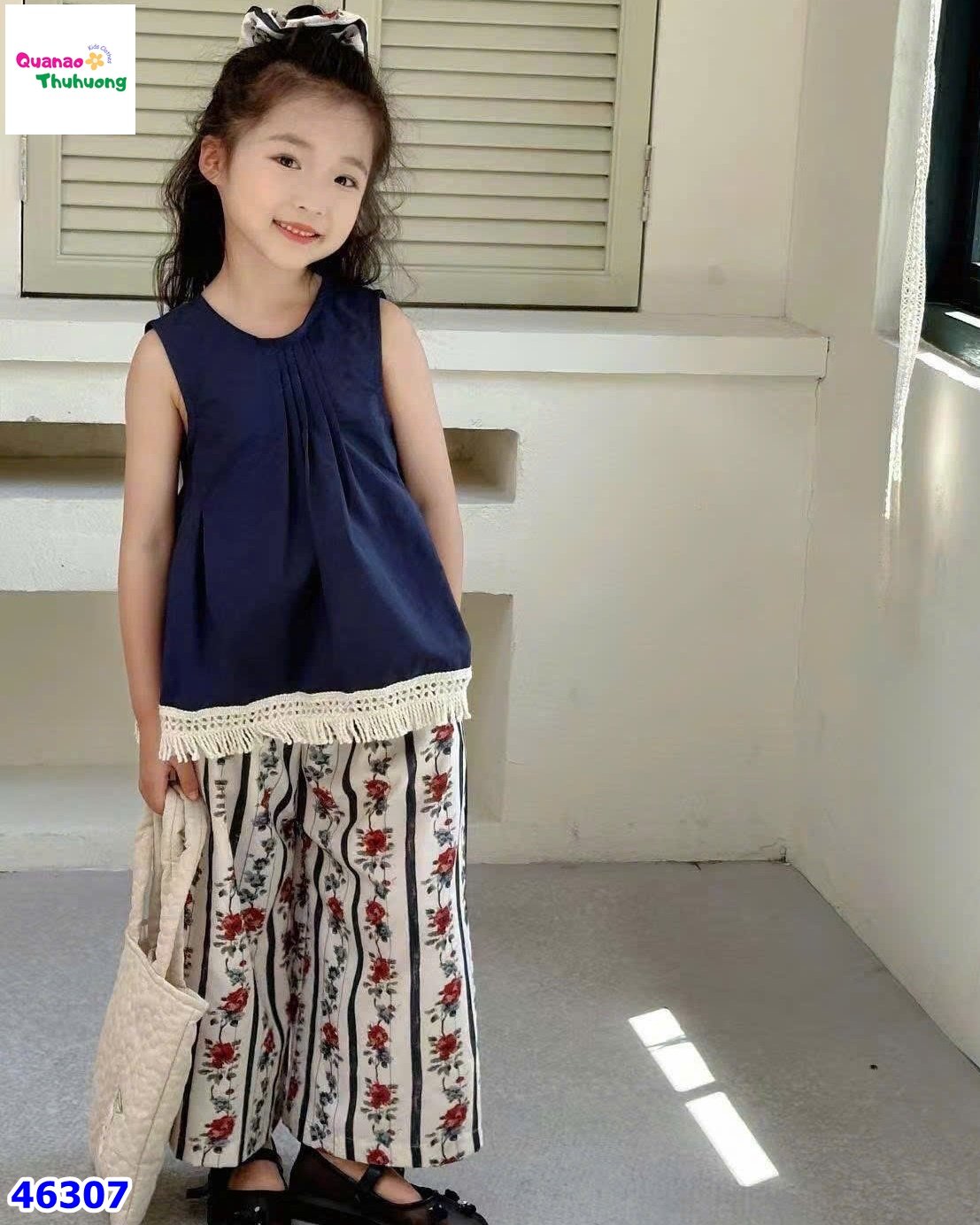 Set bộ xanh, quần hoa (tặng cột tóc)