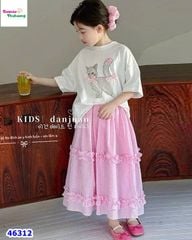 Set Miakid trắng mèo, váy caro hồng