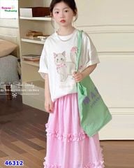 Set Miakid trắng mèo, váy caro hồng