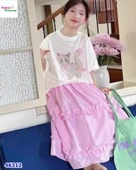 Set Miakid trắng mèo, váy caro hồng