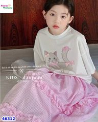 Set Miakid trắng mèo, váy caro hồng
